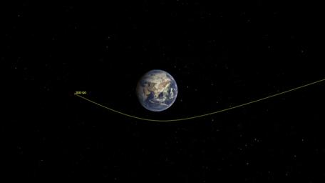 This illustration shows asteroid 2020 QG's trajectory bending during its close approach to Earth. The asteroid is the closest known non-impacting asteroid ever detected.