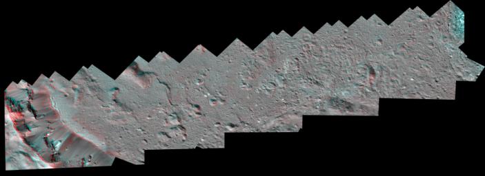 This Dawn stereo anaglyph of Occator Crater on Ceres shows impact melt deposits in the southeastern part of the 57-mile (92-kilometer) diameter crater.