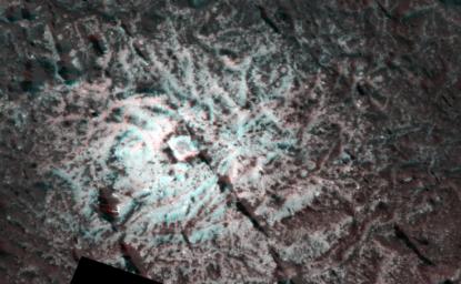 This Dawn stereo anaglyph of Occator Crater on Ceres shows mounds and pits on the lobate impact melt deposits that cover southeastern Occator.
