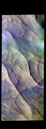 This image from NASA's Mars Odyssey shows part of Dorsa Argentea. Dorsa Argentea is located near in the south pole and is comprised of a series of linear and sinuous ridges.