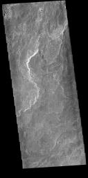 This image from NASA's Mars Odyssey shows a small part of Daedalia Planum. The lava flows originate from Arsia Mons, one of the large volcanoes in the Tharsis region.