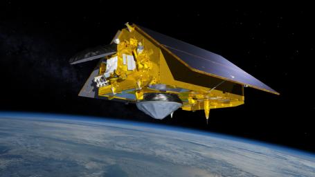 In this illustration, the Sentinel-6 Michael Freilich spacecraft, the world's latest sea-level satellite, orbits Earth with its deployable solar panels extended.