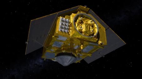 This illustration shows the rear of the Sentinel-6 Michael Freilich spacecraft in orbit above Earth with its deployable solar panels extended.