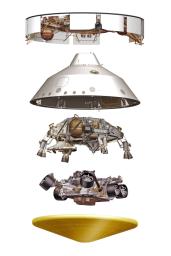 This illustration depicts five major components of the Mars 2020 spacecraft.