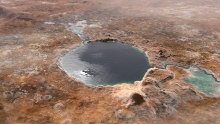 This illustration shows Jezero Crater as it may have looked billions of years go on Mars, when it was a lake. An inlet and outlet are also visible on either side of the lake.