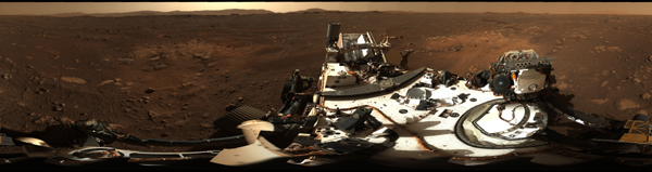 This is the first 360-degree panorama taken by Mastcam-Z, a zoomable pair of cameras aboard NASA's Perseverance Mars rover. The panorama was stitched together from 142 individual images taken on February 21, 2021.
