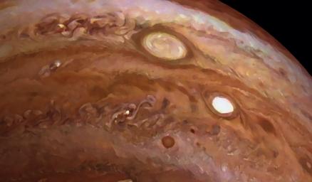 A JunoCam image of Jupiter's storm, Oval BA, taken on Juno's 26th perijove (PJ) pass, inspired this work of art.