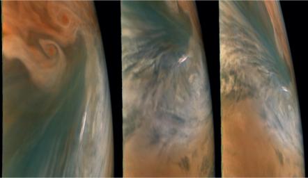 These images from NASA's Juno mission show three views of a Jupiter hot spot. The pictures were taken by the JunoCam imager during the spacecraft's 29th close flyby of the giant planet on Sept. 16, 2020.