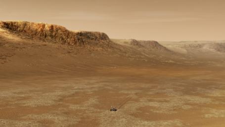 This image is an illustration of NASA's Perseverance rover exploring inside Mars' Jezero Crater.
