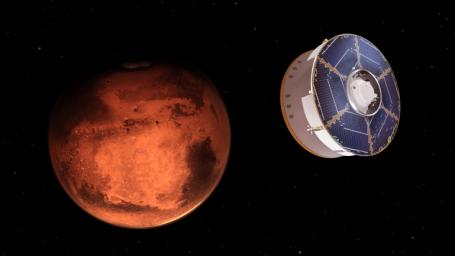 This illustration shows NASA's Mars 2020 spacecraft carrying the Perseverance rover as it approaches Mars. Hundreds of critical events must execute perfectly and exactly on time for the rover to land on Mars safely on Feb. 18, 2021.