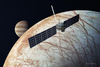 NASA's Europa Clipper, depicted in this illustration that was updated in December 2020, will swoop around Jupiter on an elliptical path, dipping close to its moon Europa on each flyby to collect data.
