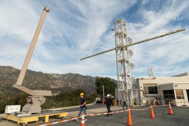 Engineers at NASA's Jet Propulsion Laboratory test an engineering model of a high-frequency (HF) radar antenna that makes up part of NASA's Europa Clipper radar instrument on Dec. 17, 2019.