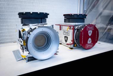 Pictured in a clean room at APL are NASA's Europa Clipper's recently assembled Faraday cup sensors and instrument housings in two configurations.