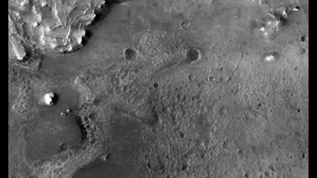 This image shows with a green dot where NASA's Perseverance rover landed in Jezero Crater on Mars on Feb. 18, 2021. The base image was taken by the HiRISE camera aboard NASA's Mars Reconnaissance Orbiter.