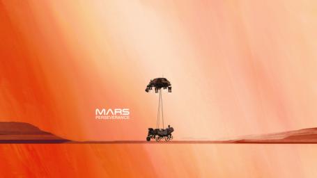 An illustration of NASA's Perseverance rover landing on Mars.