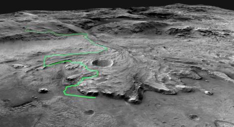 This annotated mosaic depicts a possible route the Mars 2020 Perseverance rover could take across Jezero Crater as it investigates several ancient environments that may have once been habitable.
