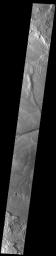 This image from NASA's Mars Odyssey shows a linear depression, part of Sirenum Fossae. Depressions of this type are called graben, which form by the down drop of material between two parallel faults.