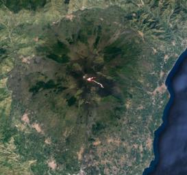 NASA's Terra spacecraft shows Mt. Etna, Italy, sending rivers of lava down the southeast flank of the volcano, and spewing ashes and volcanic stones over nearby villages.
