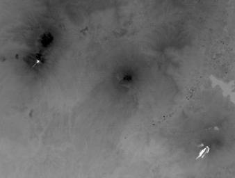NASA's Terra spacecraft shows two of Guatemala's active volcanoes, Fuego and Pacaya erupting when the ASTER nighttime thermal infrared image was acquired on March 5, 2021.