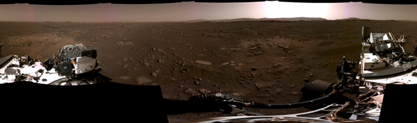 This panorama, taken on Feb. 20, 2021, by the Navigation Cameras, or Navcams, aboard NASA's Perseverance Mars rover, was stitched together from six individual images after they were sent back to Earth.