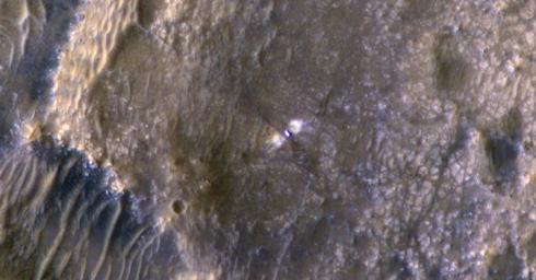 The HiRISE camera aboard NASA's Mars Reconnaissance Orbiter took this image of the Perseverance rover on Feb. 24, 2021.