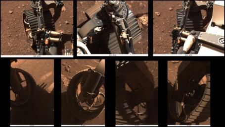 These sets of animated GIFs show seven views of NASA's Perseverance Mars rover wiggling its wheels on March 4, 2021, the day Perseverance completed its first drive on Mars.