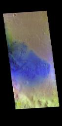 This image from NASA's Mars Odyssey shows the floor of Peridier Crater. Small dunes are visible in the image. Dark blue tones indicate basaltic sands.