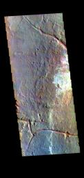 This image from NASA's Mars Odyssey shows part of Margaritifer Terra. The linear depressions were created by extensional tectonic stresses.