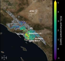 This animation shows the accumulation of data from NASA's OCO-3 instrument used to create a map of carbon dioxide (CO2) concentrations that covers about 50 square miles (80 square kilometers) of the Los Angeles metropolitan area.