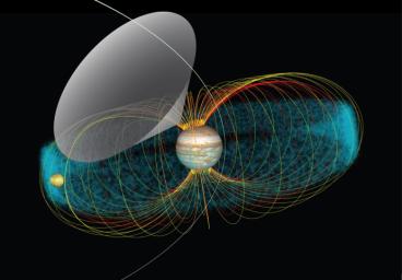 This conceptual image shows the radio emission pattern from Jupiter. The blue cloud is the Io plasma torus, which is a region of higher concentration of ions and electrons located at Io's orbit.