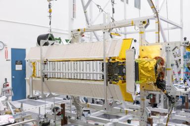 Part of the Surface Water and Ocean Topography (SWOT) satellite's science instrument payload sits in a clean room at NASA's Jet Propulsion Laboratory during assembly.