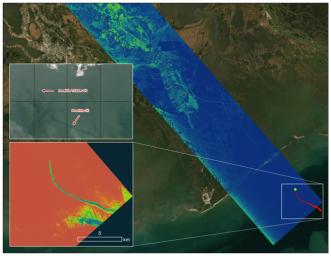 A radar instrument flown by the Delta-X mission captured data on an oil slick off the coast of Port Fourchon, Louisiana, on September 1, 2021. The data, along with satellite images helped to confirm the presence of the oil slick in the area.
