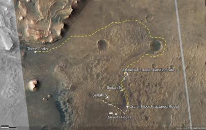 This annotated image of Mars' Jezero Crater depicts the route NASA's Perseverance rover will take during its first science campaign, as well as its path to the location of its second science campaign.