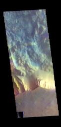 This image from NASA's Mars Odyssey shows part of the southern cliff face of Hebes Chasma.