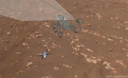 This computer simulation shows NASA's Perseverance Mars rover taking its first selfie, on April 6, 2021. The point of view of the rover's WATSON camera is included to show how each of the images were taken before being stitched together into the selfie.