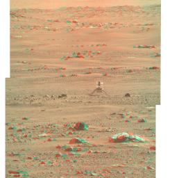 NASA's Ingenuity Mars Helicopter is seen here in 3D using images taken June 6, 2021, by the left and right Mastcam-Z cameras aboard NASA's Perseverance Mars rover.