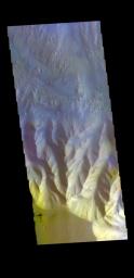 This image from NASA's Mars Odyssey shows part of the southern cliff face of Hebes Chasma. Hebes Chasma is an enclosed basin located north of Valles Marineris.