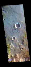 This image from NASA's Mars Odyssey shows several small, unnamed craters in Terra Sirenum. The bright blue region on the inner crater rim is morning frost.