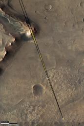 This annotated image of Mars' Jezero Crater depicts the location of NASA's Perseverance rover (yellow dot) and the field of view of its Remote Microscopic Imager (RMI) camera when it took a series of images of the Delta Scarp on March 17, 2021.