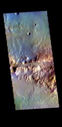 This image from NASA's Mars Odyssey shows part of the northern rim of Oyama Crater.