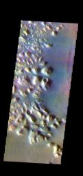 This image from NASA's Mars Odyssey shows part of Atlantis Chaos. Chaos terrain is typified by regions of blocky, often steep sided, mesas interspersed with deep valleys.