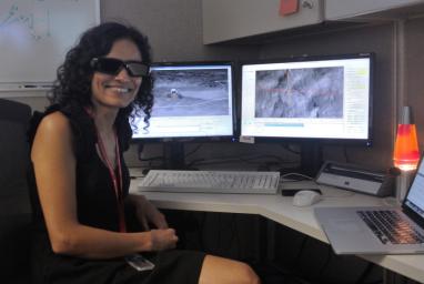 Vandi Verma, an engineer who now works with NASA's Perseverance Mars rover, is seen here working as a driver for the Curiosity rover. The special 3D glasses she's wearing are still used by rover drivers to easily detect changes in terrain.