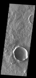 This image from NASA's Mars Odyssey shows tan unnamed crater located in Terra Sirenum. The surface of the ejecta contains radial grooves, visible on the thicker ejecta near the crater rim.