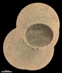 This composite image, made by the SuperCam instrument aboard NASA's Perseverance rover on August 8, 2021, shows the hole in a Martian rock where the rover attempted to collect its first sample.