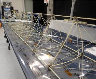 A test model of the boom that will be used for the magnetometer aboard NASA's Europa Clipper spacecraft is readied in NASA's Jet Propulsion Laboratory in Southern California.