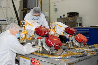 At NASA's Jet Propulsion Laboratory, engineers prepare to integrate four Hall thrusters onto the agency's Psyche spacecraft. The thrusters will propel Psyche to its target in the main asteroid belt.