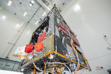 NASA's Psyche spacecraft is photographed in July 2021 during the mission's assembly, test, and launch operations phase at JPL. Hall thrusters will propel the spacecraft to its target in the main asteroid belt.