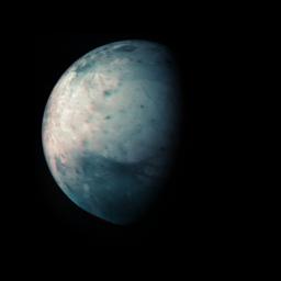 This infrared view of Jupiter's icy moon Ganymede was obtained by the Jovian Infrared Auroral Mapper (JIRAM) instrument aboard NASA's Juno spacecraft during its July 20th, 2021, flyby.
