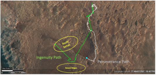 This annotated image depicts the ground tracks of NASA's Perseverance rover and Ingenuity Mars Helicopter since arriving on Mars on February 18, 2021.