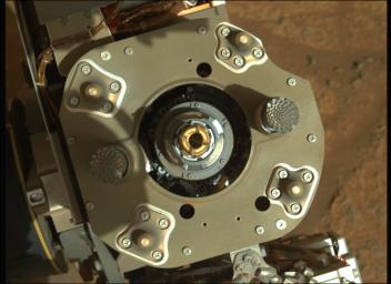 This enhanced-color image from the Mastcam-Z instrument aboard NASA's Perseverance rover shows sample tube inside the coring bit after the August 6, 2021, coring activity was completed.